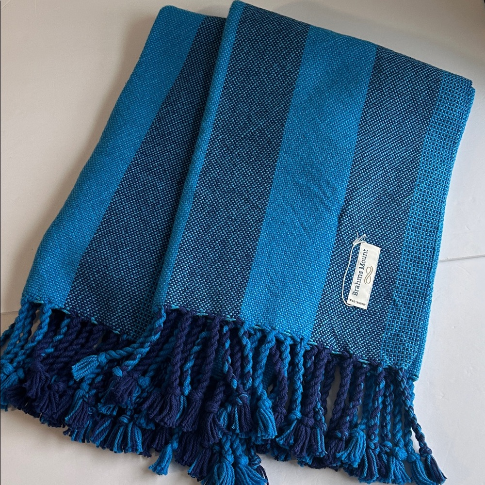 NWOT Brahms Mount Monhegan Cotton Throw in Two Toned Blue Striped Pattern